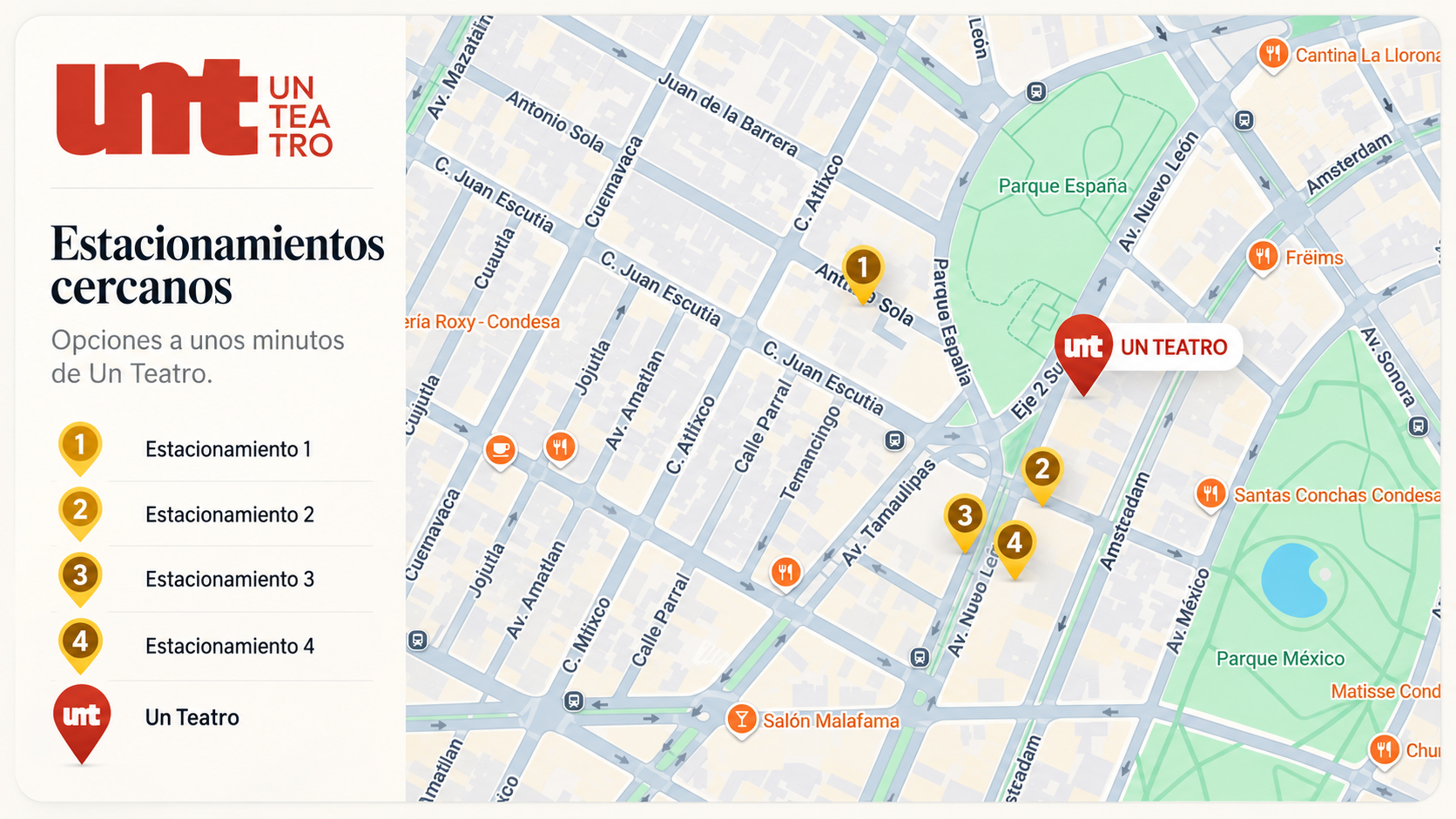 Mapa de estacionamientos cercanos a Un Teatro en la Condesa